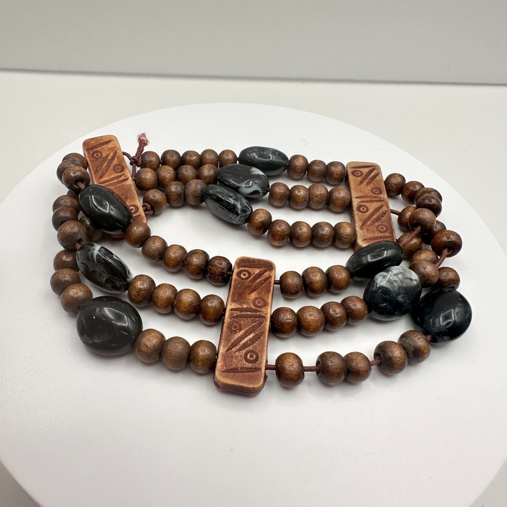 Vintage 90s Triple Strand Wood & Stone Stretch Bracelet Brown Black Earthy Boho